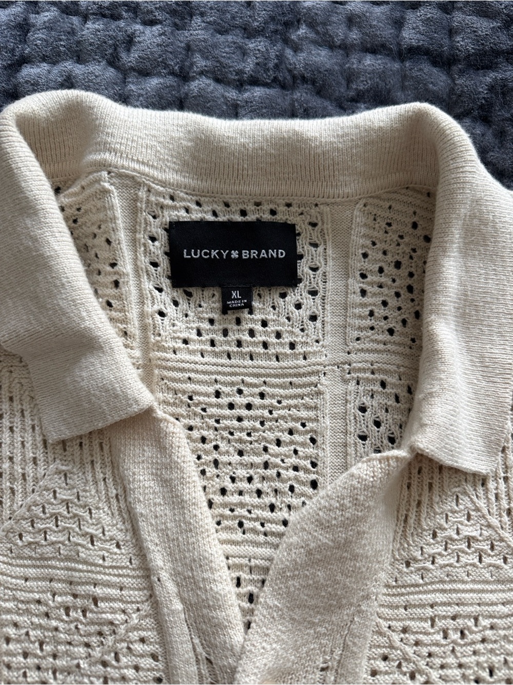 Lucky Brand Cream Openwork V-Neck Polo Sweater